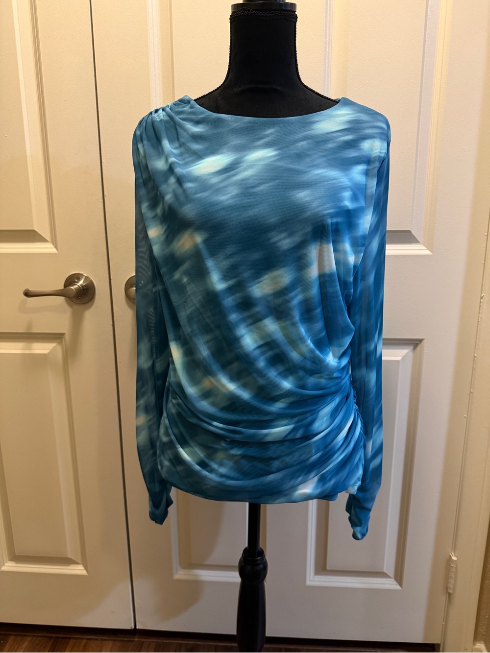 INC International Concepts Blue Long-Sleeve Draped Blouse